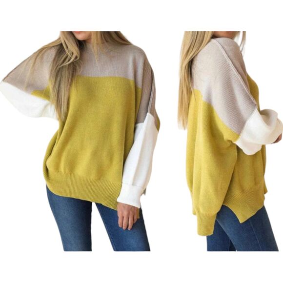 Free People Easy Street Sweater Womens XS Brown Color Block Ribbed Oversized - Picture 1 of 11